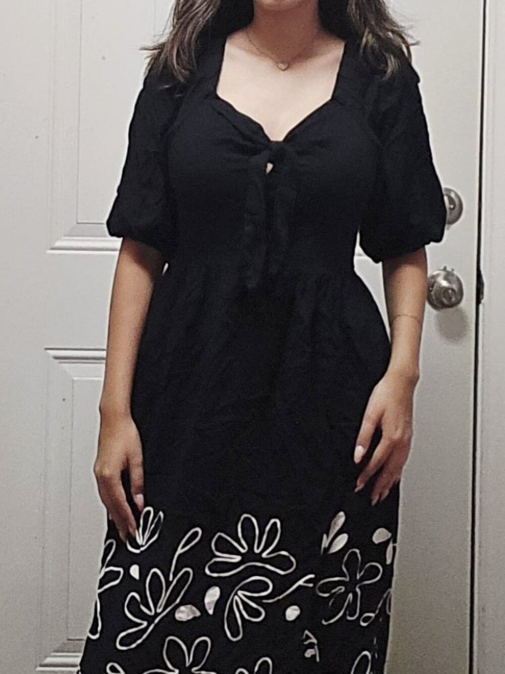 Size S Black Floral Midi Dress w/ Tie Front and Puff Sleeves
